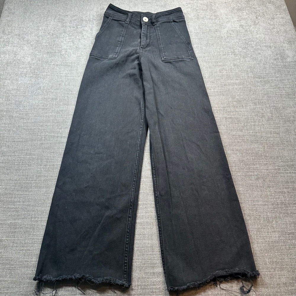 Miou Muse Wide Leg Jeans Womens Small‎ Black  Raw Hem